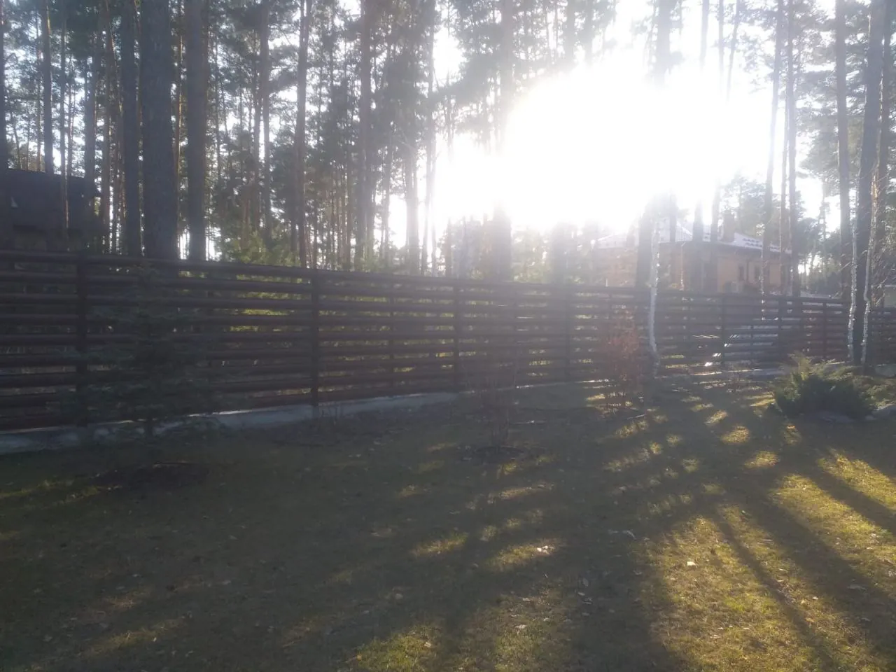 Забор Ранчо горизонтальное под Тёмное дерево SteelArt — загородный дом на фоне леса, 2024